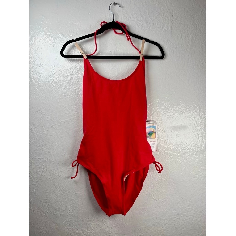 New Sun Streak One Piece Swimsuit 16 Red VTG Low Back Cinch Side Baywatch Y2K